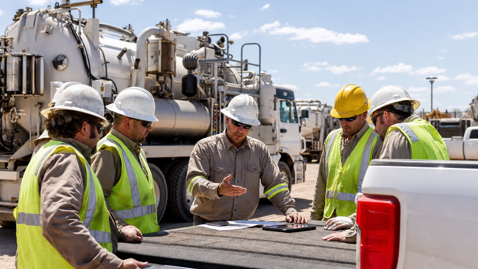 Oilfield crew safety briefing beside vacuum trucks before dispatch