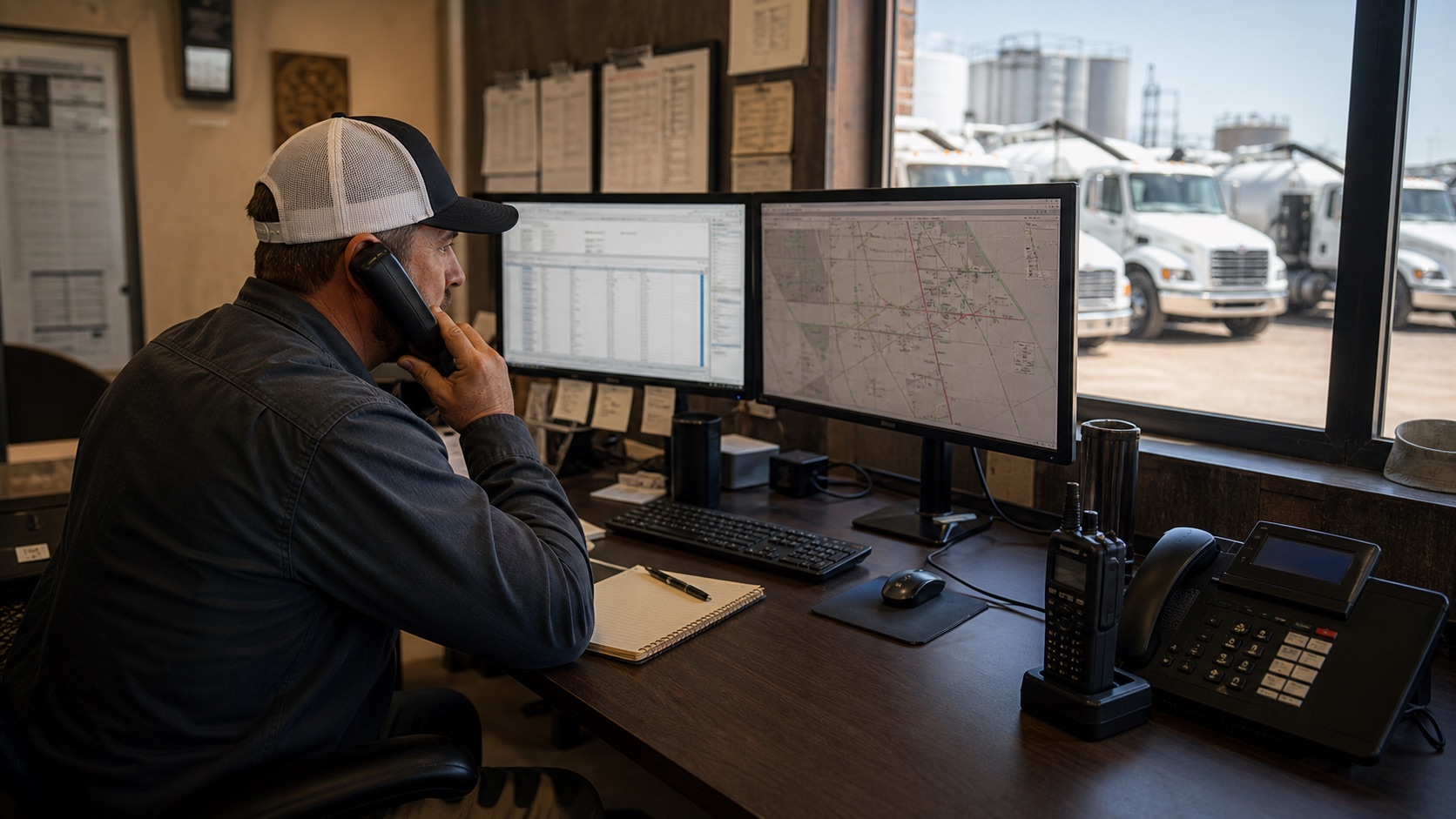 Oilfield dispatcher coordinating trucks from a Midland office