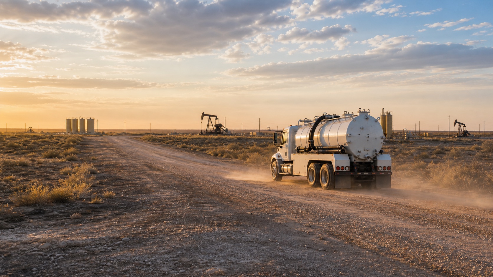 Vacuum truck traveling a Permian Basin lease road