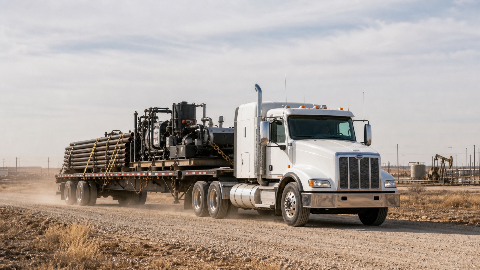 flatbed truck hauling secured oilfield pipe and equipment on a West Texas lease road