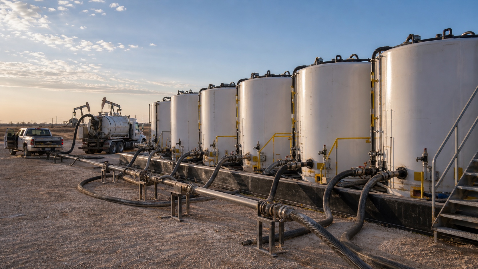 portable frac tanks staged on an oilfield pad with hoses and support equipment