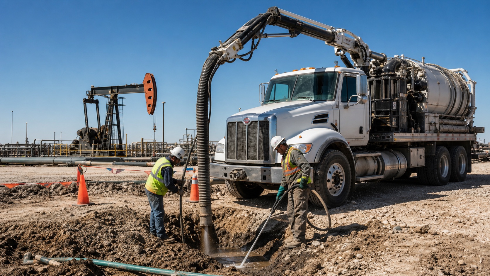 hydrovac truck daylighting buried infrastructure on an oilfield location
