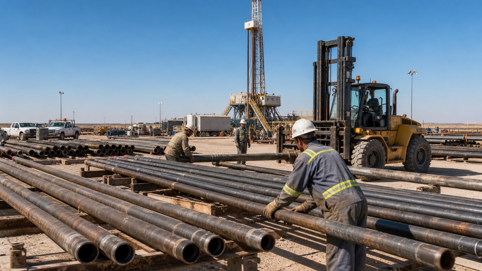 lay down crew handling drill pipe on a Permian Basin pad