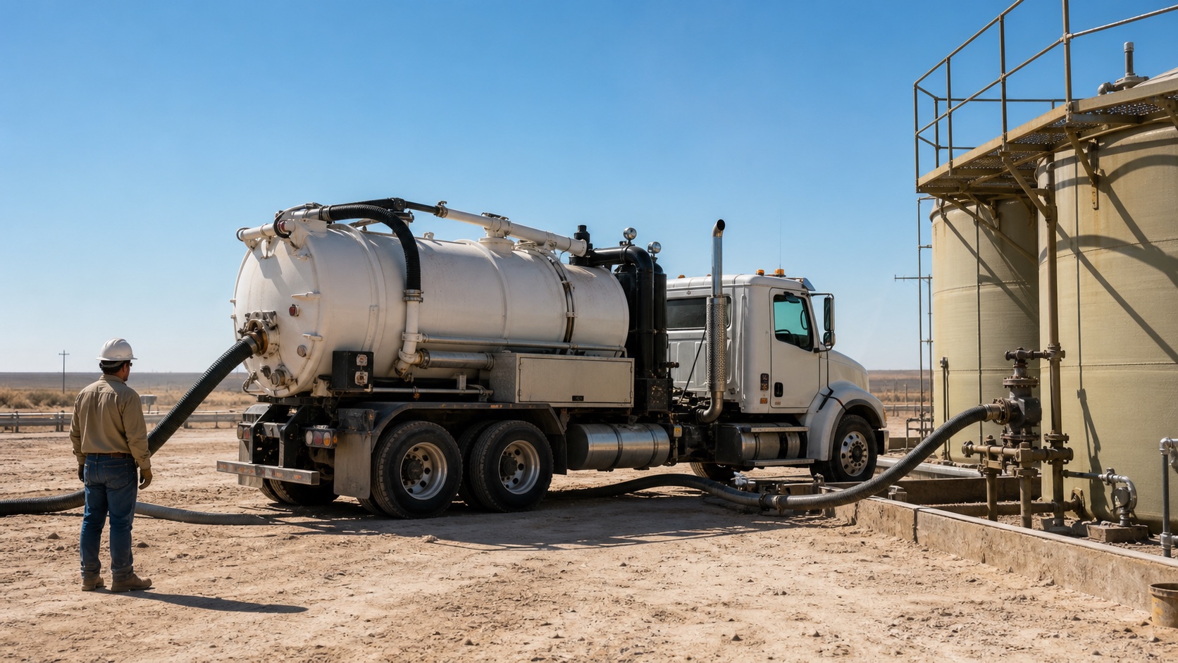 vacuum truck connected to a Permian Basin tank battery for fluid hauling