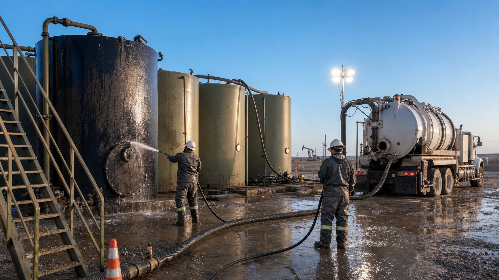 wash crew pressure cleaning oilfield tank equipment on location