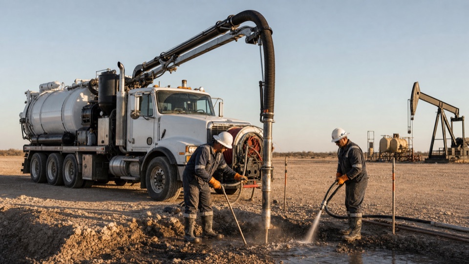 Hydrovac truck safely exposing buried oilfield infrastructure on a Permian Basin location